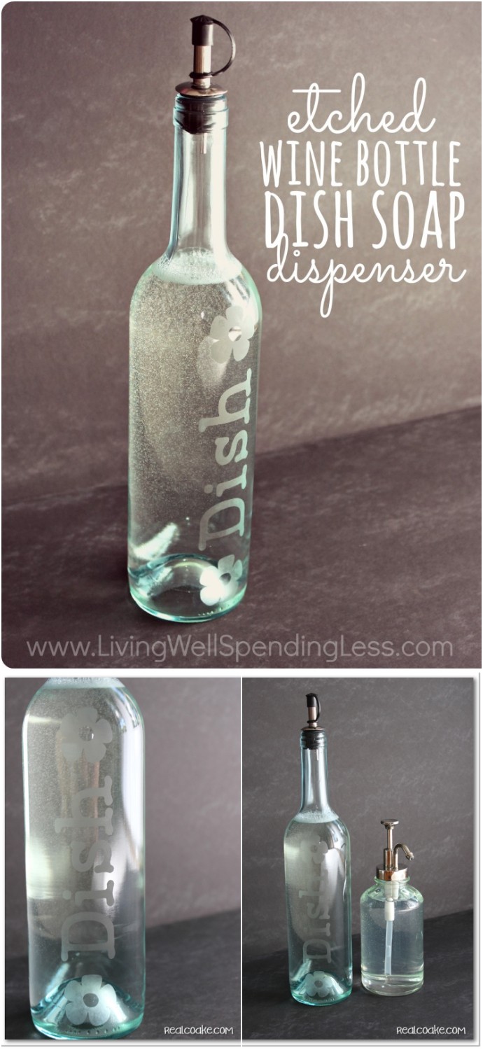 DIY Etched Wine Bottle Dish Soap Dispenser