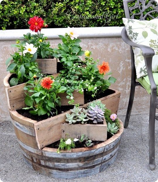 Homemade Wood Barrel Tiered Planter