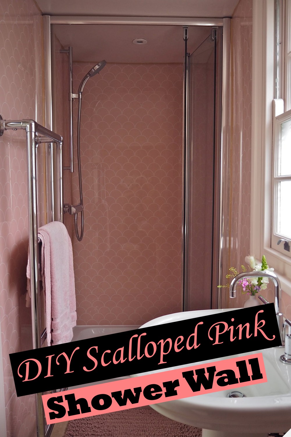 DIY Scalloped Pink Shower Wall